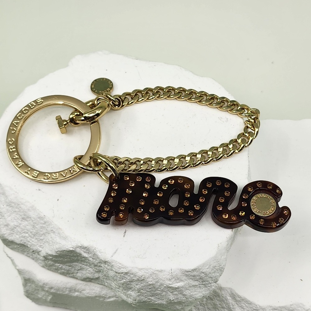 Marc Jacobs MARC Brown Rhinestone Logo Gold Tone Chain Keychain Purse Bag Charm